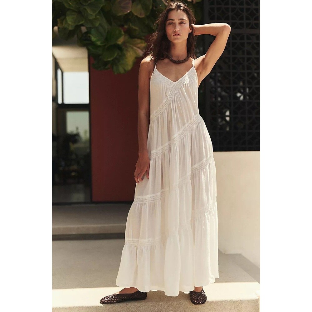 Free People Free-Est Robe Horizon Coast Maxi Dress Sheer Tiered Ivory M 290468
